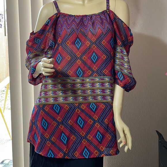 Mileage Tops - Women's 1X Flirty BOHO Semi Sheer Cold Shoulder Blouse-
